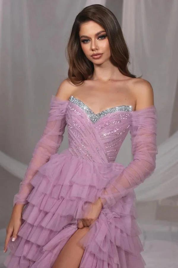 Gorgeous Long Lilac A-line Off-the-shoulder Sequined Tulle Prom Dress with Slit by misshow.com