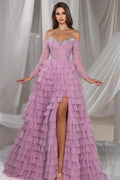 Gorgeous Long Lilac A-line Off-the-shoulder Sequined Tulle Prom Dress with Slit by misshow.com