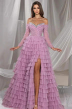Gorgeous Long Lilac A-line Off-the-shoulder Sequined Tulle Prom Dress with Slit by misshow.com