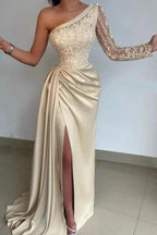 Gorgeous Long Mermaid Asymmetrical Satin Lace Front Slit Prom Dress with Sleeves by BIZTUNNEL
