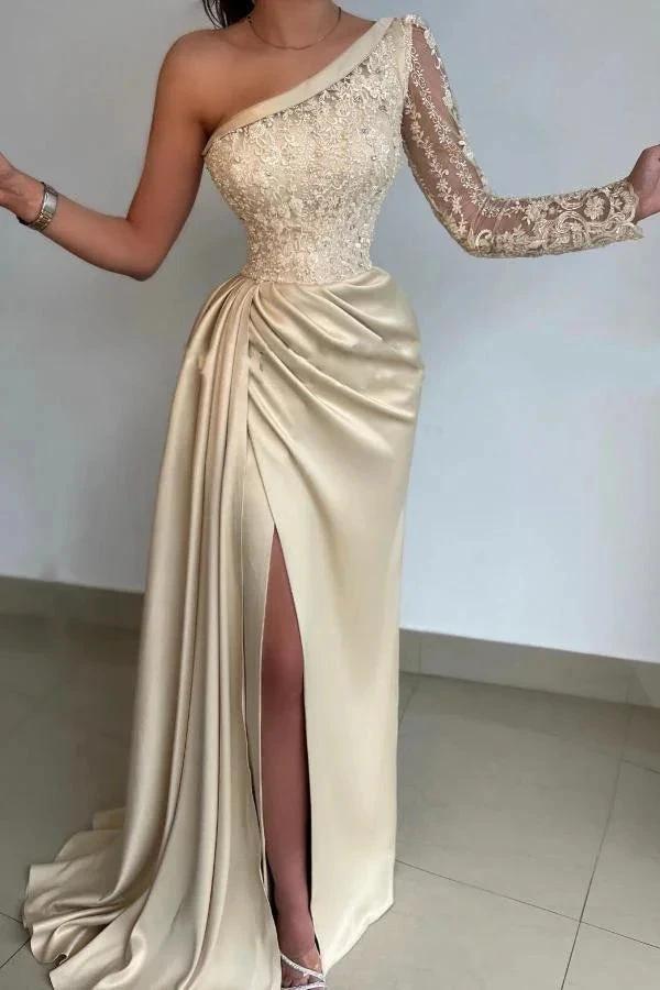 Gorgeous Long Mermaid Asymmetrical Satin Lace Front Slit Prom Dress with Sleeves by BIZTUNNEL