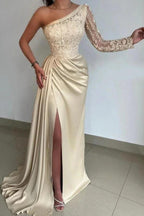 Gorgeous Long Mermaid Asymmetrical Satin Lace Front Slit Prom Dress with Sleeves by BIZTUNNEL