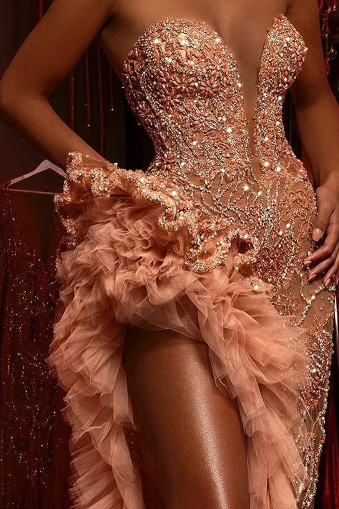 Gorgeous Long Mermaid Beading Sleeveless Split Prom Dress With Ruffles by misshow.com