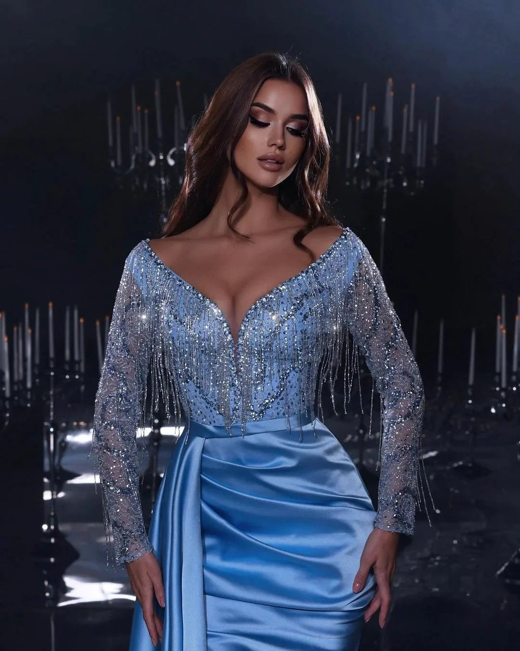 Gorgeous Long Mermaid Blue V-neck Sequined Beading Split Prom Dress With Long Sleeves by misshow.com