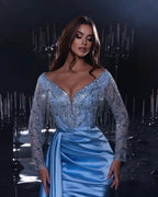 Gorgeous Long Mermaid Blue V-neck Sequined Beading Split Prom Dress With Long Sleeves by misshow.com
