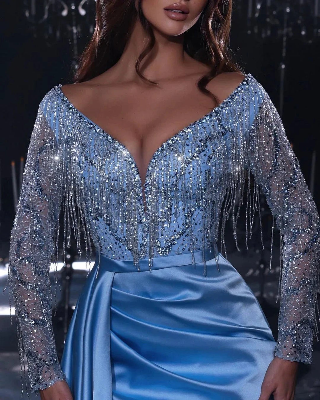 Gorgeous Long Mermaid Blue V-neck Sequined Beading Split Prom Dress With Long Sleeves by misshow.com