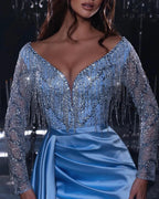 Gorgeous Long Mermaid Blue V-neck Sequined Beading Split Prom Dress With Long Sleeves by misshow.com