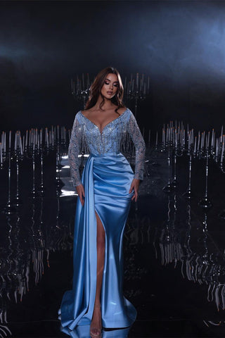 Gorgeous Long Mermaid Blue V-neck Sequined Beading Split Prom Dress With Long Sleeves