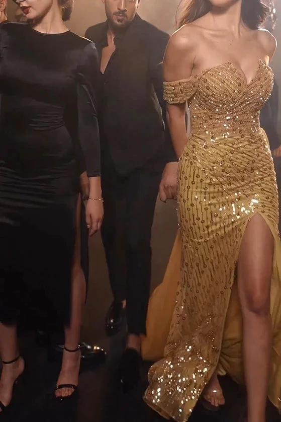 Gorgeous Long Mermaid Gold Off-the-shoulder Sequined Sleeveless Prom Dress With Slit by misshow.com