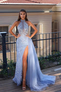 Gorgeous Long Mermaid High Neck Lace Sleeveless Prom Dress With Slit by misshow.com