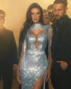 Gorgeous Long Mermaid High Neck Sequined Sleeveless Prom Dress With Slit by misshow.com