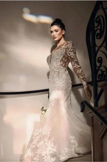 Gorgeous Long Mermaid Lace Wedding Dresses With Long Sleeves by misshow.com