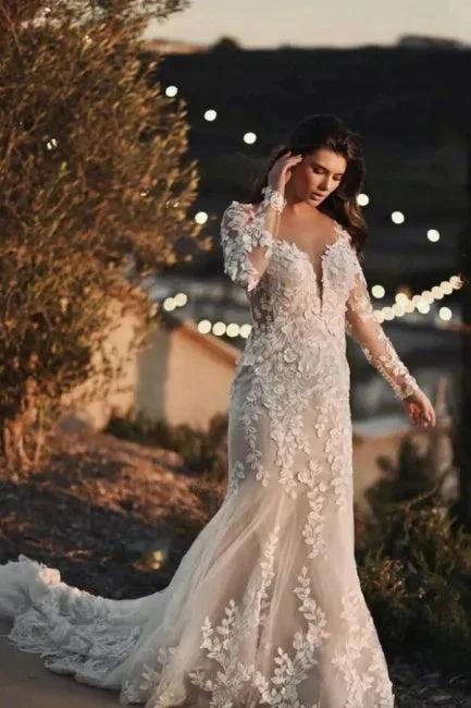 Gorgeous Long Mermaid Lace Wedding Dresses With Long Sleeves by misshow.com