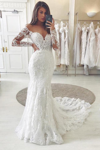 Gorgeous Long Mermaid Off-the-shoulder Lace Wedding Dress with Sleeves