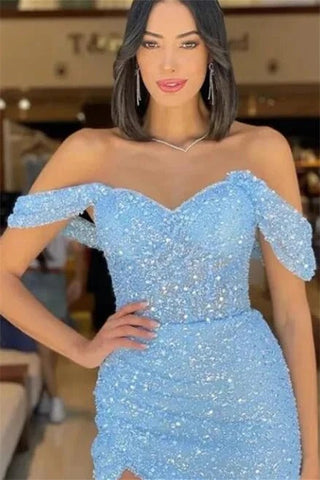 Hermosos vestidos de fiesta formales de sirena largos con hombros descubiertos y lentejuelas con abertura
