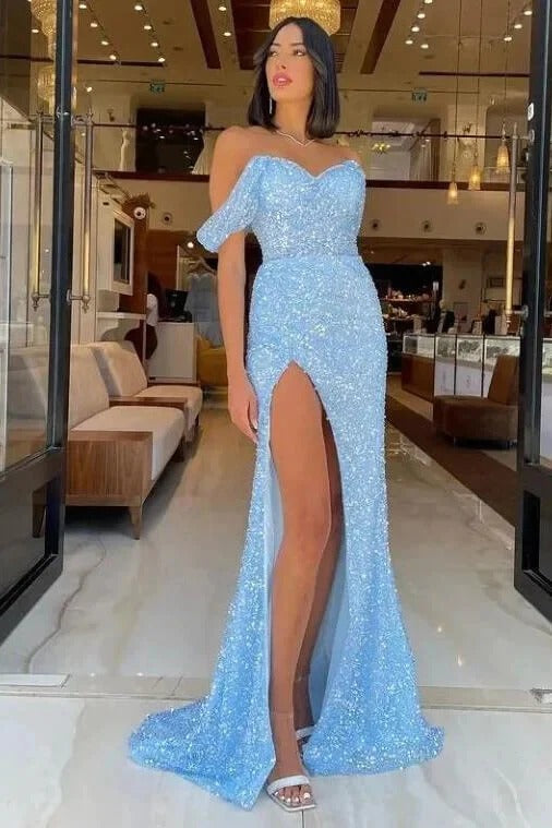 Gorgeous Long Mermaid Off-the-shoulder Sequined Formal Prom Dresses With Slit Hover Image