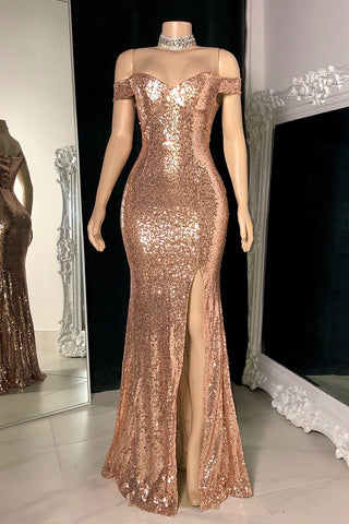 Gorgeous Long Mermaid Off-the-shoulder Sequined Split Prom Dress