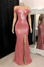 Gorgeous Long Mermaid Off-the-shoulder Sequined Split Prom Dress by misshow.com