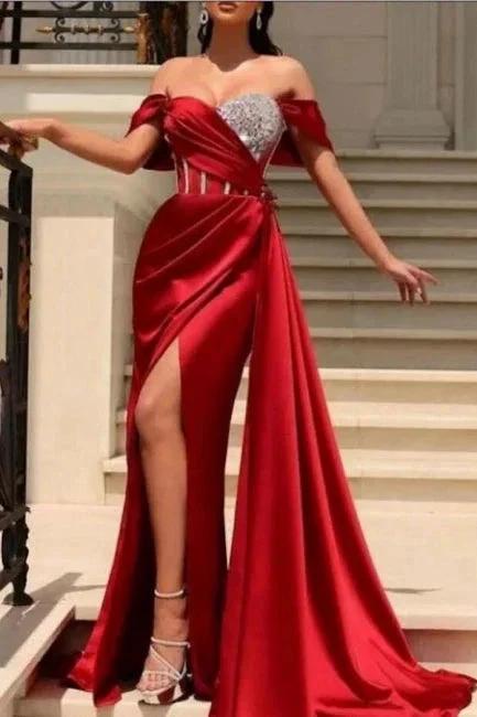 Gorgeous Long Mermaid Off-the-shoulder Sleeveless Split Evening Dresses With Glitter by misshow.com