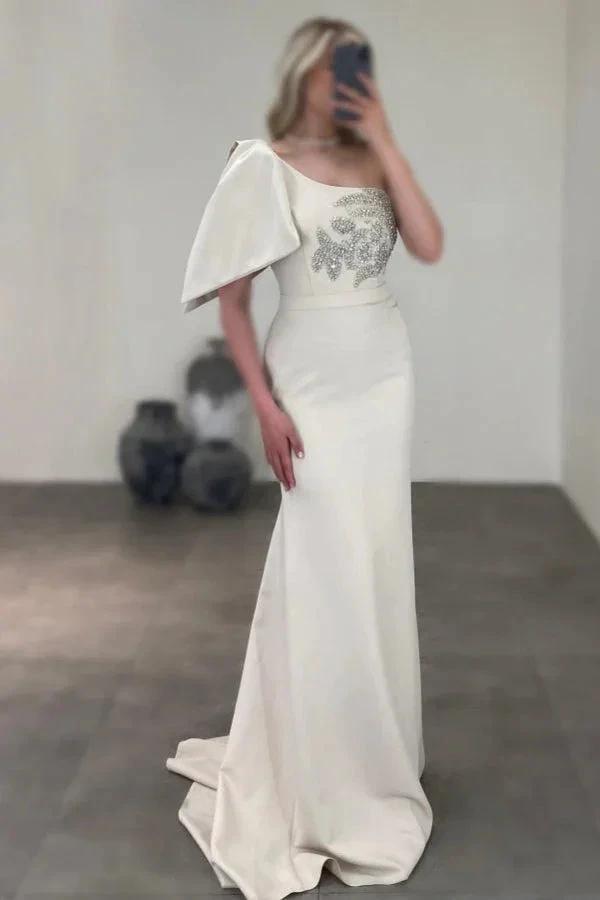 Gorgeous Long Mermaid One Shoulder Satin Rhinestones Sleeveless Prom Dress by misshow.com