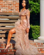 Gorgeous Long Mermaid Pink One Shoulder Long Sleeve Prom Dress With Slit by misshow.com
