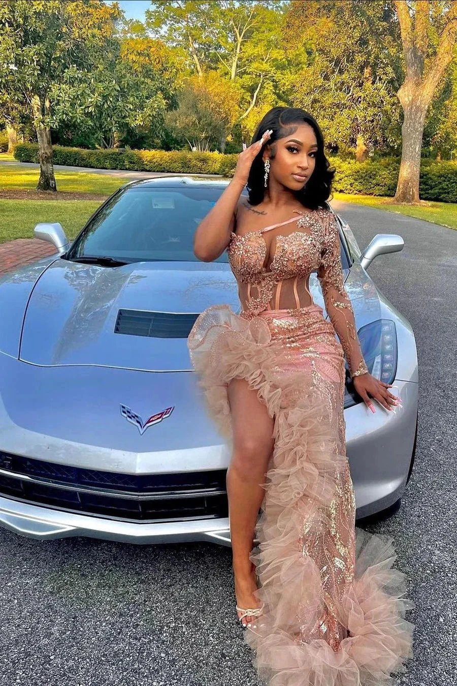 Gorgeous Long Mermaid Pink One Shoulder Long Sleeve Prom Dress With Slit by misshow.com