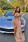 Gorgeous Long Mermaid Pink One Shoulder Long Sleeve Prom Dress With Slit by misshow.com