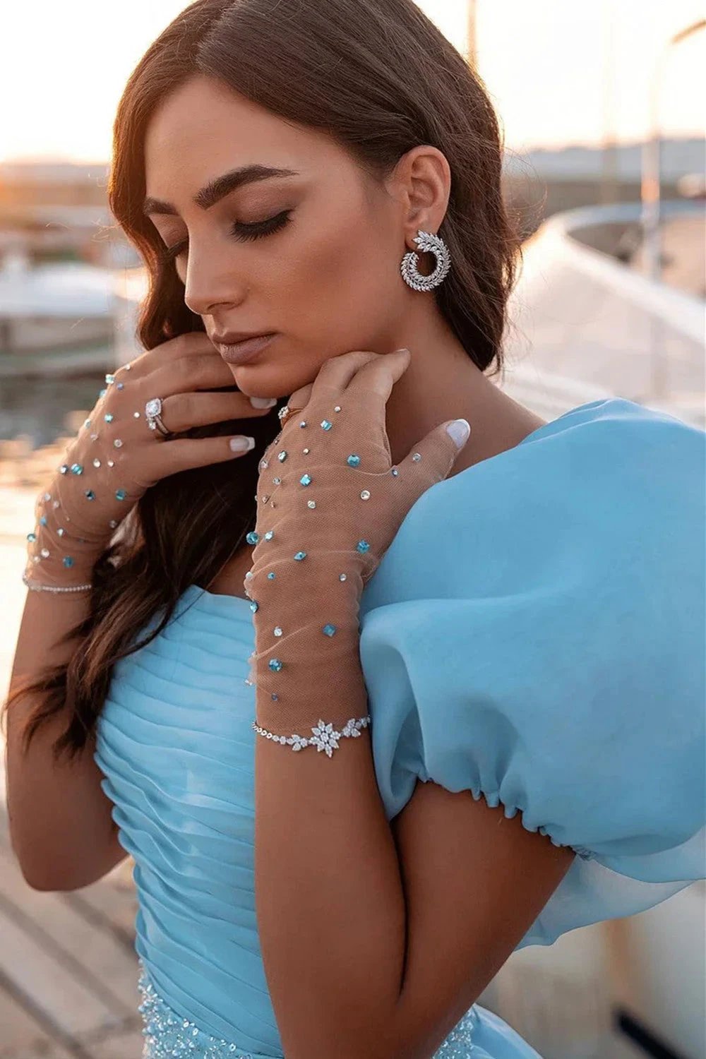 Gorgeous Long Mermaid Puffy Sleeves Sequins Prom Dress With Detachable Tulle Train by BIZTUNNEL