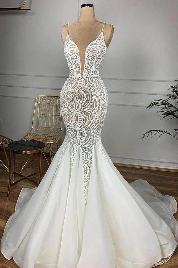 Gorgeous Long Mermaid Sweetheart Beaded Lace Organza Wedding Dress by BIZTUNNEL