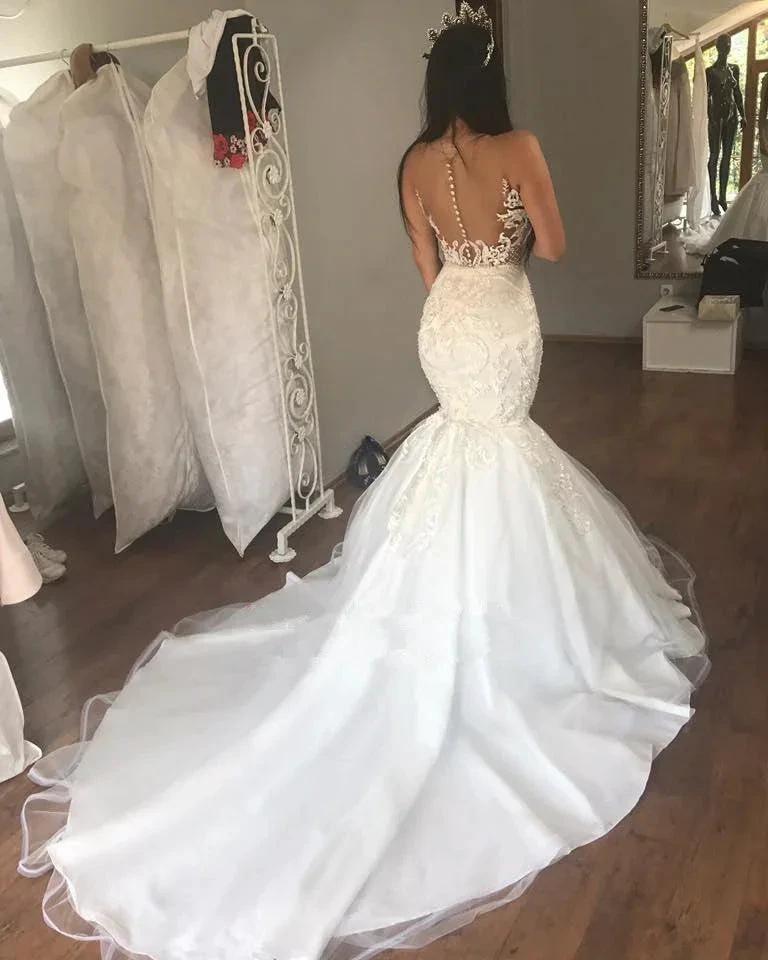 Gorgeous Long Mermaid Sweetheart Lace Buttons Backless Wedding Dress by BIZTUNNEL