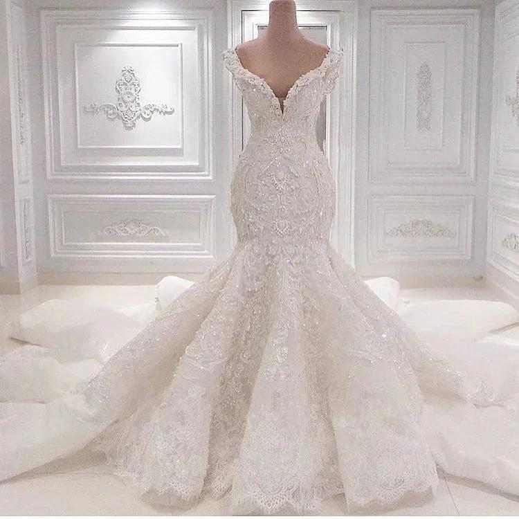 Gorgeous Long Mermaid V-neck Appliques Lace Ruffles Wedding Dress by BIZTUNNEL