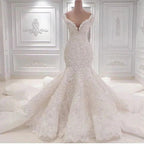 Gorgeous Long Mermaid V-neck Appliques Lace Ruffles Wedding Dress by BIZTUNNEL