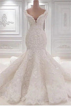 Gorgeous Long Mermaid V-neck Appliques Lace Ruffles Wedding Dress by BIZTUNNEL