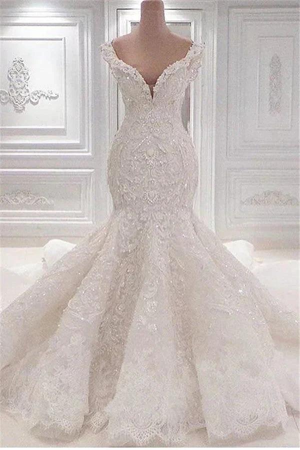Gorgeous Long Mermaid V-neck Appliques Lace Ruffles Wedding Dress by BIZTUNNEL