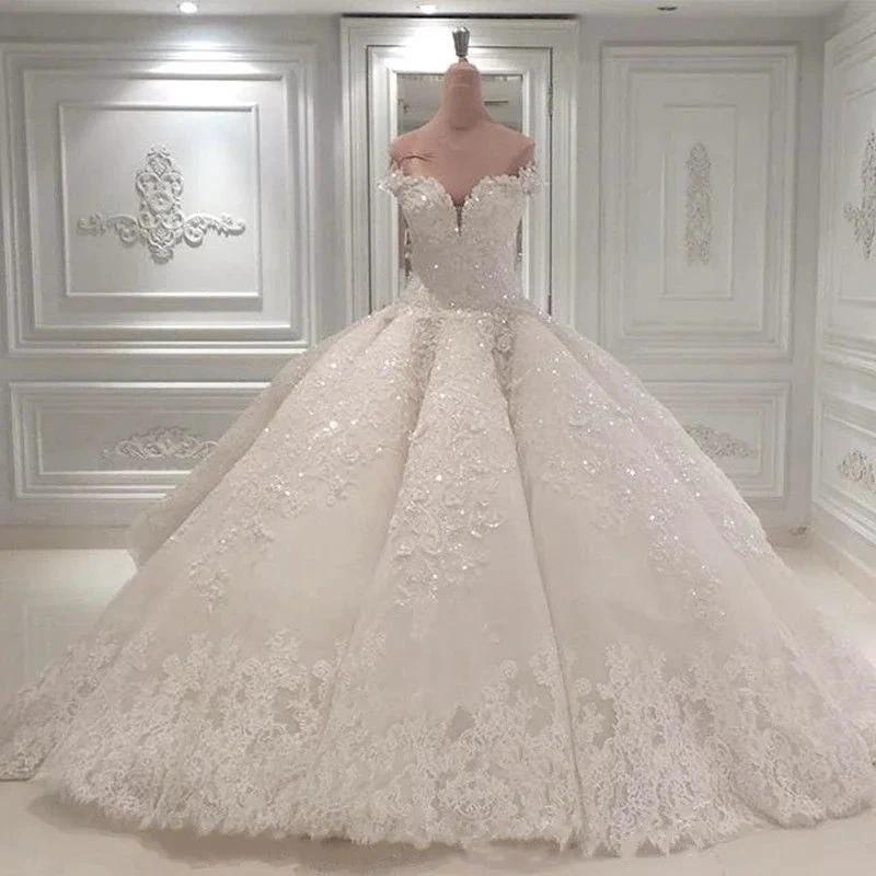 Gorgeous Long Off The Shoulder Beadings Ball Gown Wedding Dress by BIZTUNNEL