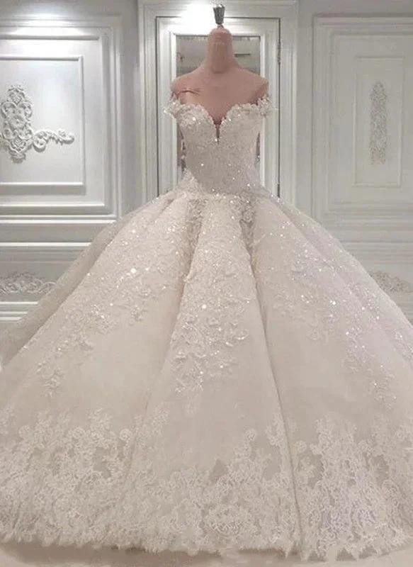 Gorgeous Long Off The Shoulder Beadings Ball Gown Wedding Dress by BIZTUNNEL