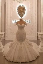 Gorgeous Long Off the Shoulder Crystal Backless Mermaid Wedding Dresses by BIZTUNNEL