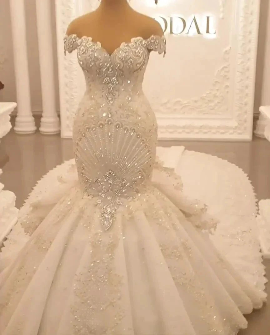 Gorgeous Long Off the Shoulder Crystal Backless Mermaid Wedding Dresses by BIZTUNNEL