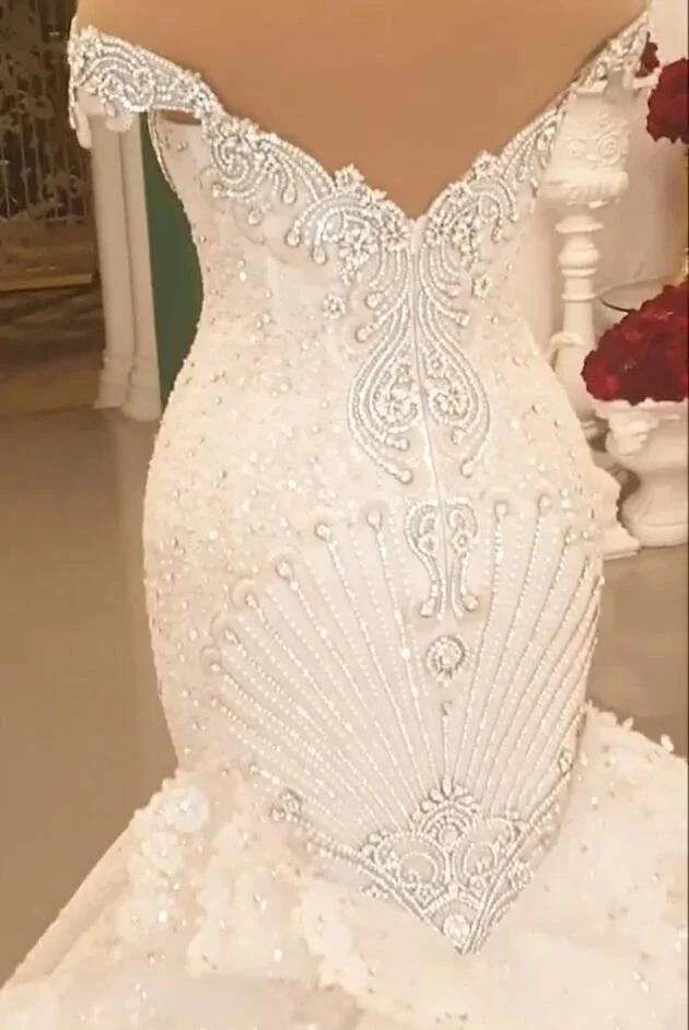 Gorgeous Long Off the Shoulder Crystal Backless Mermaid Wedding Dresses by BIZTUNNEL