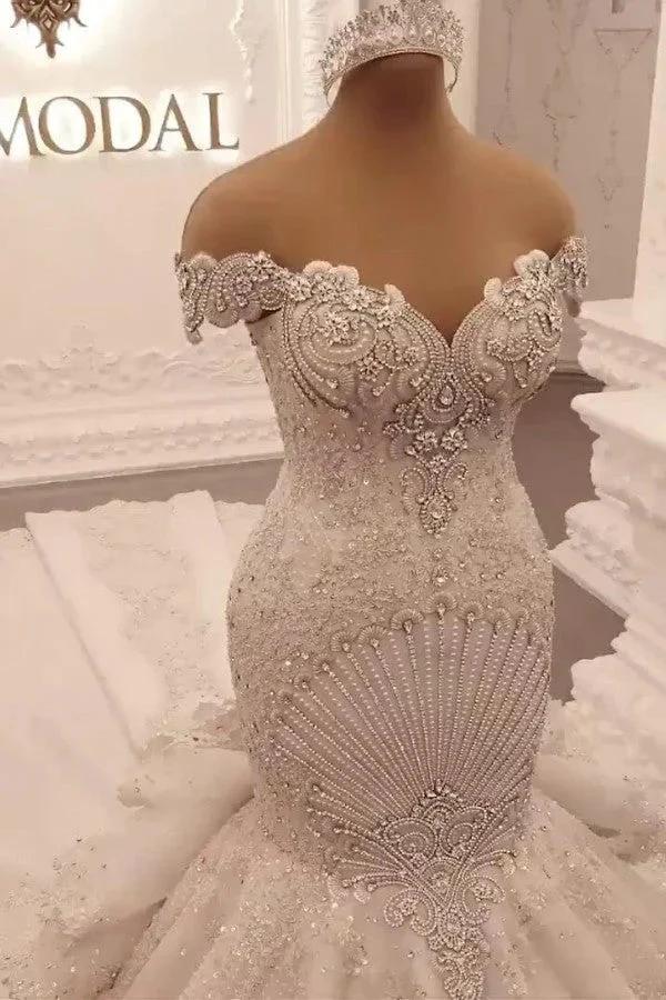 Gorgeous Long Off the Shoulder Crystal Backless Mermaid Wedding Dresses by BIZTUNNEL