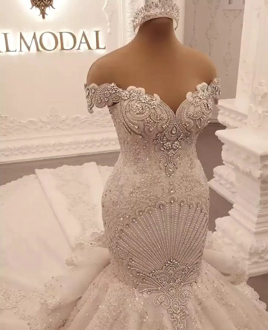 Gorgeous Long Off the Shoulder Crystal Backless Mermaid Wedding Dresses by BIZTUNNEL