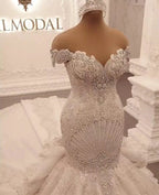 Gorgeous Long Off the Shoulder Crystal Backless Mermaid Wedding Dresses by BIZTUNNEL