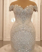 Gorgeous Long Off the Shoulder Crystal Backless Mermaid Wedding Dresses by BIZTUNNEL