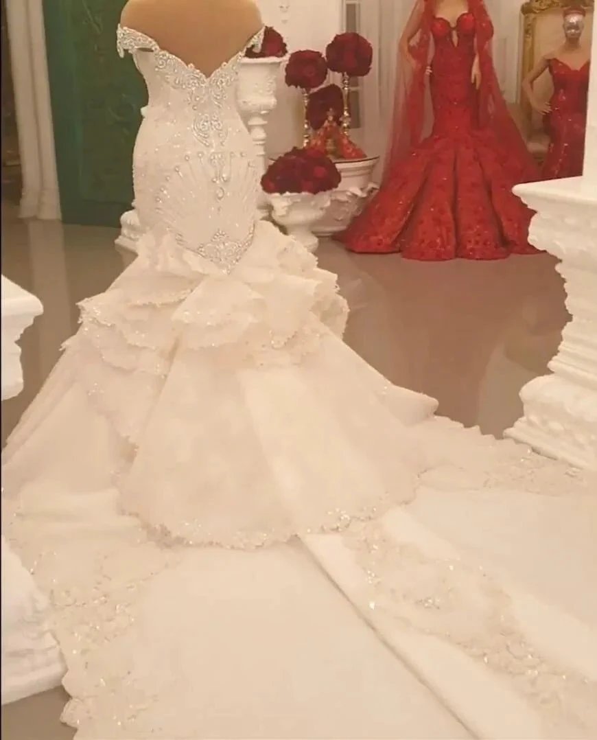 Gorgeous Long Off the Shoulder Crystal Backless Mermaid Wedding Dresses by BIZTUNNEL
