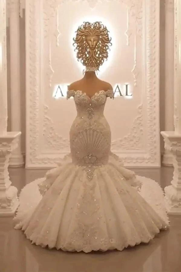 Gorgeous Long Off the Shoulder Crystal Backless Mermaid Wedding Dresses by BIZTUNNEL