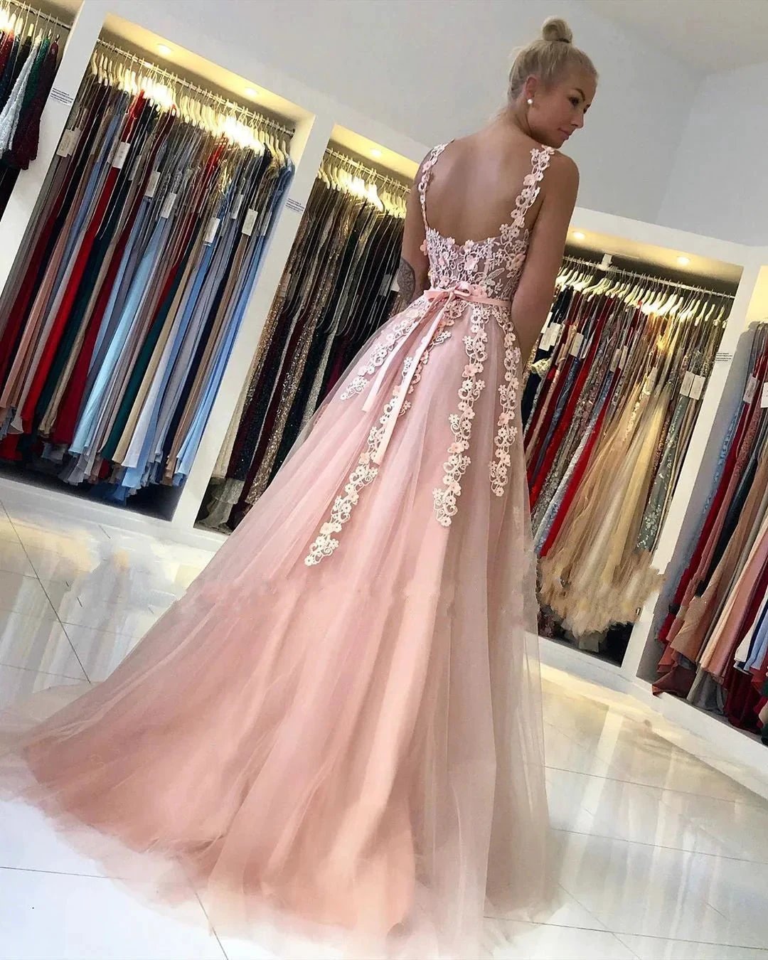 Gorgeous Long Open Back Tulle Lace A-line Prom Dress by BIZTUNNEL