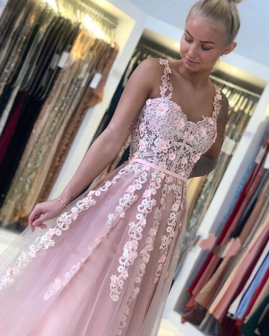 Gorgeous Long Open Back Tulle Lace A-line Prom Dress by BIZTUNNEL