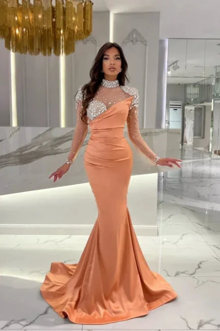 Gorgeous Long Orange Mermaid High Neck Prom Dress with Long Sleeves by misshow.com