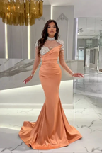 Gorgeous Long Orange Mermaid High Neck Prom Dress with Long Sleeves by misshow.com