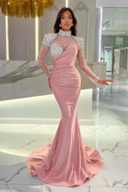 Gorgeous Long Orange Mermaid High Neck Prom Dress with Long Sleeves by misshow.com